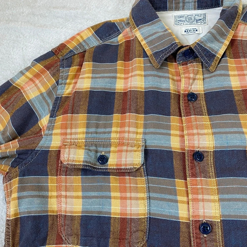 Lucky Brand Dungarees Shirt Men M Navy Gold Plaid Fall Button Up Flap Pockets